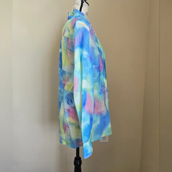 120 Lino Pintuck Linen Shirt Womens 42/S Colorful Pastel Long Sleeve
